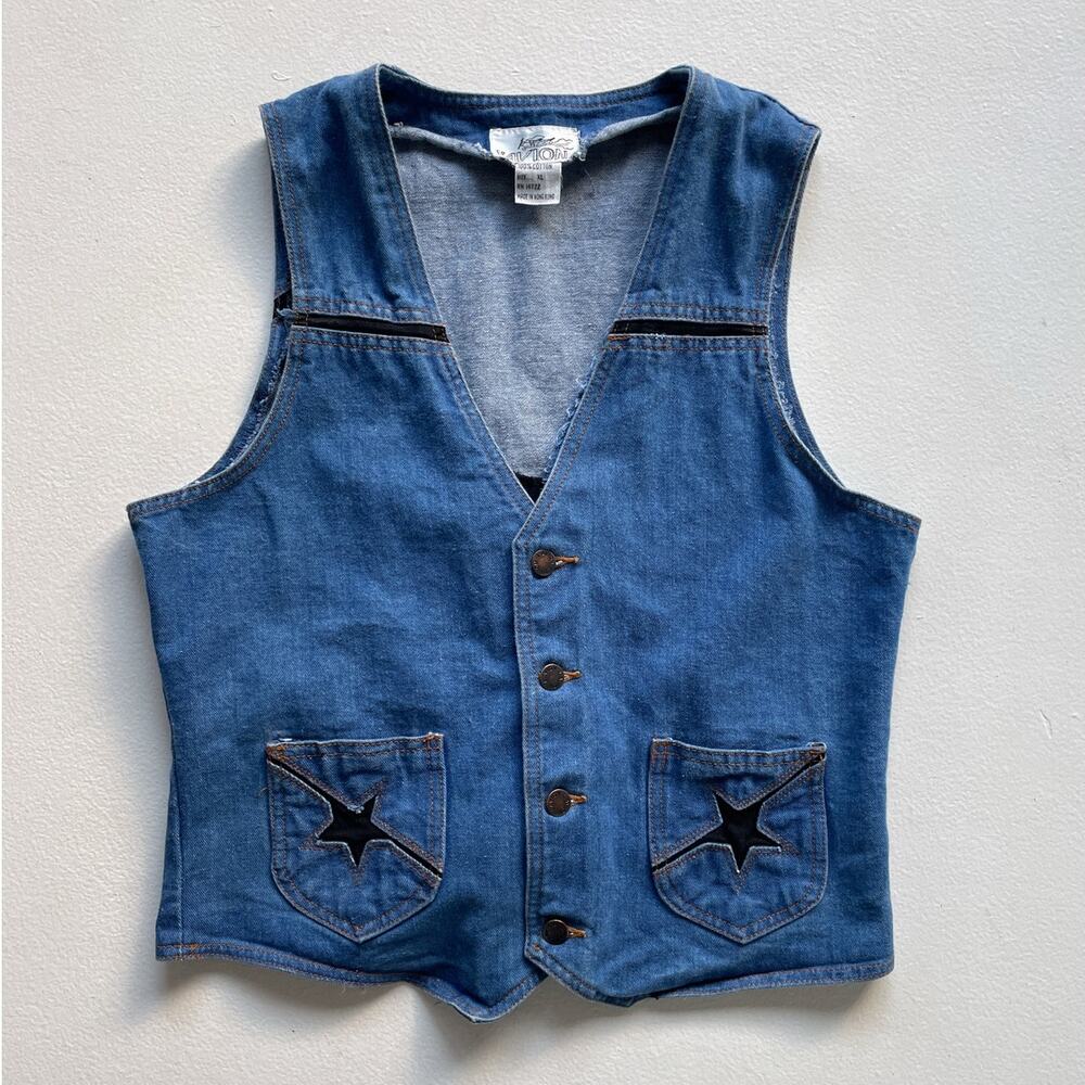 Vtg 70s Blue Denim Star Cut Out Fitted Vest / L'AVION / Sz XL